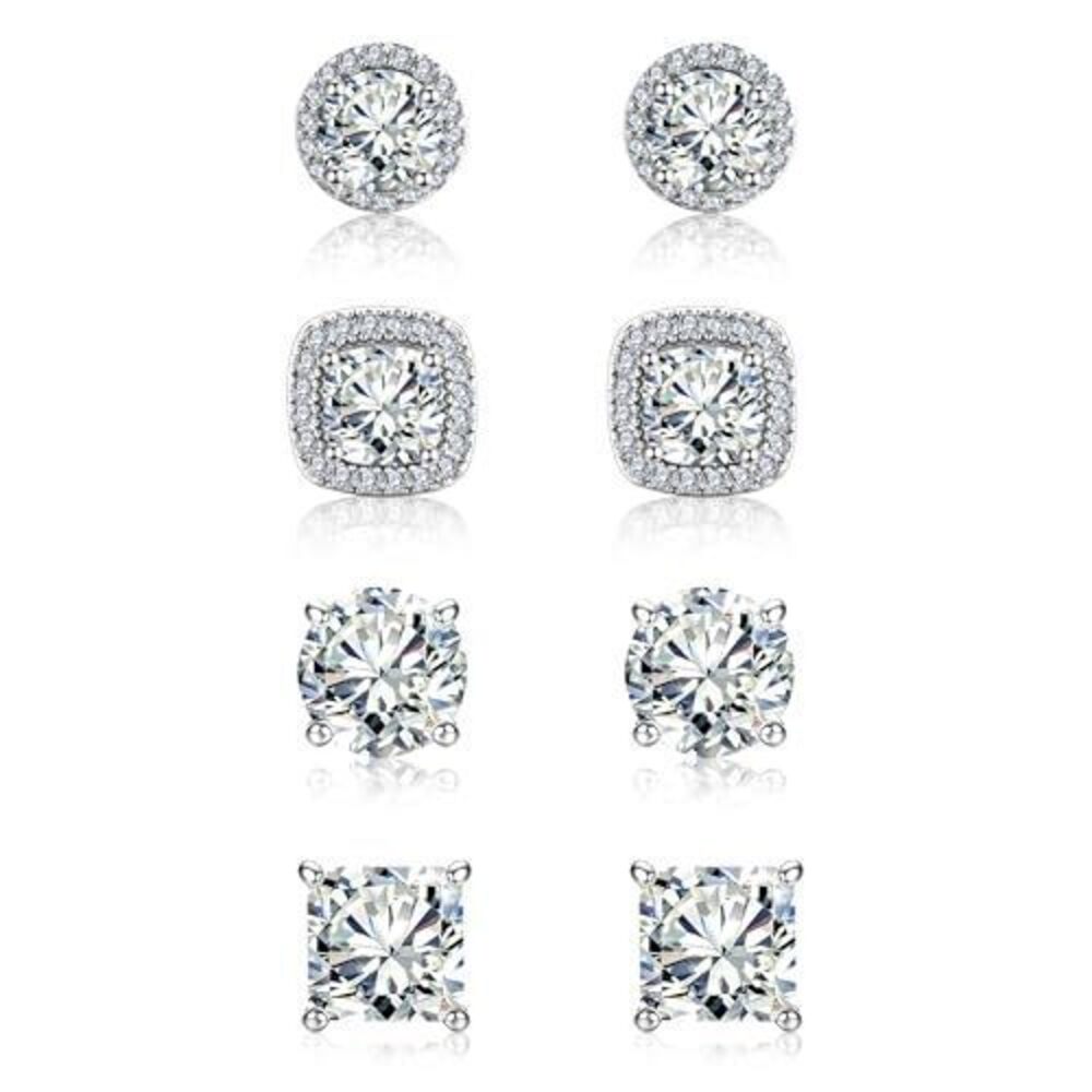 9025 Sterling Silver Stud Earrings 18K White Gold Hypoallergenic Cubic